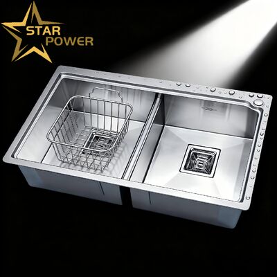 Harga bagus Bak Cuci Ganda Buatan Tangan dengan Finishing Brushed dalam Baja Tahan Karat 304 untuk Dapur Modern on line