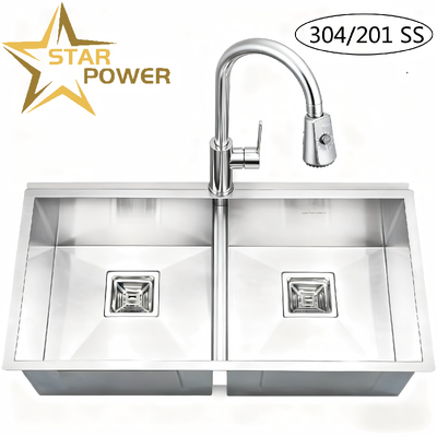 kualitas  STAR POWER Brushed 304 Stainless Steel Handmade Kitchen Sink with Double-Bowl Design and Pull-Out Faucet pabrik