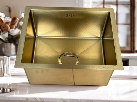 Wastafel Dapur Persegi Stainless Steel SUS304 Berlapis Emas Mewah dengan Desain Drainase Efisien