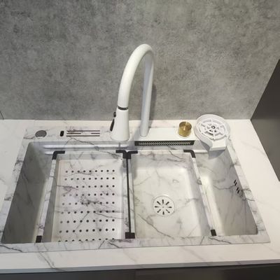 Bak Cuci Dapur Multifungsi Putih Dua Mangkuk Pemasangan Atas Baja Tahan Karat