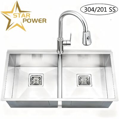 STAR POWER Wastafel Dapur Buatan Tangan Baja Tahan Karat 304 Brushed dengan Desain Mangkuk Ganda dan Keran Tarik