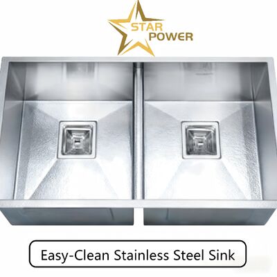STAR POWER 304SS Wastafel Dapur Mangkuk Ganda Buatan Tangan Tebal Premium dengan Baja Tahan Karat Food-Grade
