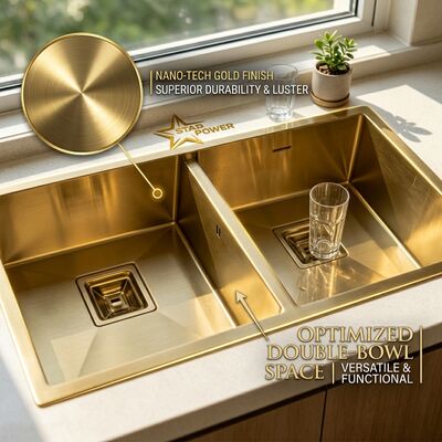 Harga bagus Gold-Toned Food-Grade 304 Stainless Steel Main Auxiliary Bowl Kitchen Sink Flush-Mount 900mm 250mm Deep Basin on line