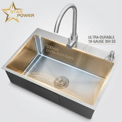 Harga bagus 18-Gauge 304 SS Double Bowl Cuisine Sink dengan 300mm Extra-Deep Basin dan Top-Mount Installation on line
