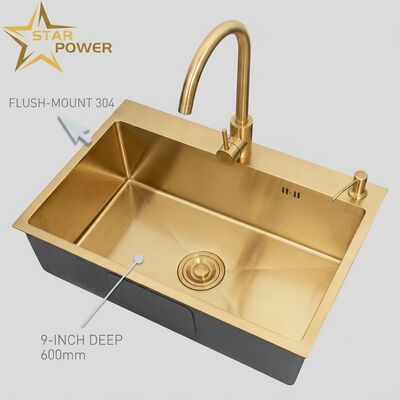 Harga bagus Wastafel Dapur Mangkuk Utama & Tambahan Food Grade 304 SS Gunmetal PVD Flush-Mount 900Mm 250Mm Cekungan Dalam on line