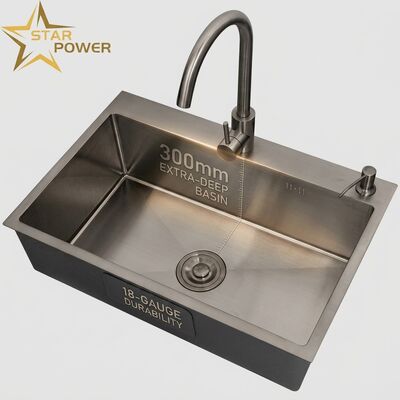 Harga bagus Wastafel Dapur 18-Gauge 304 SS dengan Finishing Gunmetal PVD dan Bak Utama & Tambahan Ekstra-Dalam 300mm on line