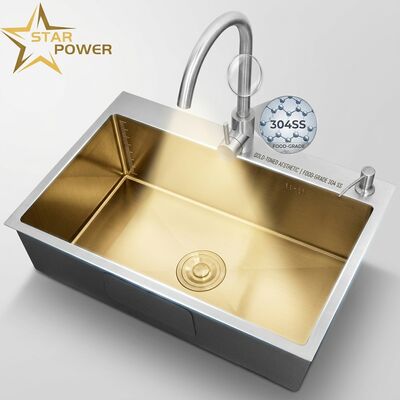 Harga bagus Wastafel Dapur Baja Tahan Karat 304 Kelas Makanan Mangkuk Utama & Tambahan Tampilan Emas Pasang Dalam Kedalaman 900mm 250mm on line