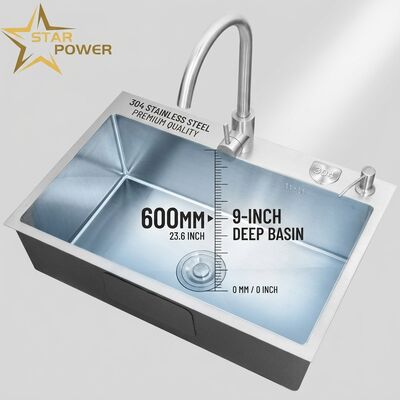 Harga bagus Wastafel Dapur Stainless Steel 304 Mangkuk Ganda Poles Pemasangan Atas Kedalaman Bak 600mm 9 Inci online