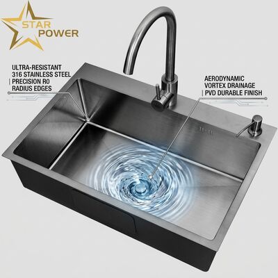 Harga bagus Bak Cuci Piring Dapur Tanam / Tanam Dalam Baja Tahan Karat 316 Mangkuk Utama & Tambahan Bak Cuci Piring Dapur PVD Gunmetal Tanam Dalam 800mm Kedalaman Cekungan 220mm | Kedalaman Cekungan Kustom Tersedia | Ketebalan Baja Kustom Tersedia on line