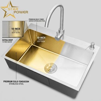 Harga bagus Bak Cuci Piring Dapur Tanam / Tanam Atas Baja Tahan Karat SUS304 Bak Utama & Bak Tambahan Bak Cuci Piring Dapur Berwarna Emas Tanam Atas 700mm Cekungan Sangat Dalam 10 Inci | Kedalaman Cekungan Kustom Tersedia | Ketebalan Baja Kustom Tersedia on line