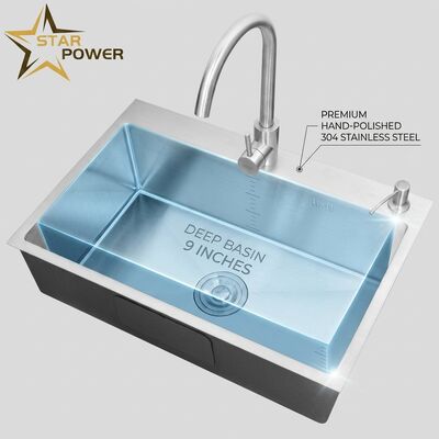 Harga bagus Wastafel Dapur Top Mount / Drop-in Baja Tahan Karat 304 Mangkuk Ganda Sama Wastafel Dapur Poles Tangan Drop-In Kedalaman 600mm 9-Inch | Kedalaman Mangkuk Kustom Tersedia | Ketebalan Baja Kustom Tersedia on line
