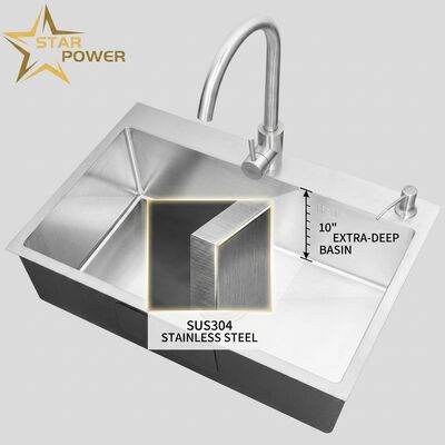 Harga bagus Sink Dapur Top Mount / Drop-in Baja Tahan Karat SUS304 Wastafel Dapur Mangkuk Ganda Poles Top-Mount 700mm Cekungan Ekstra-Dalam 10 Inci | Kedalaman Cekungan Kustom Tersedia | Ketebalan Baja Kustom Tersedia on line