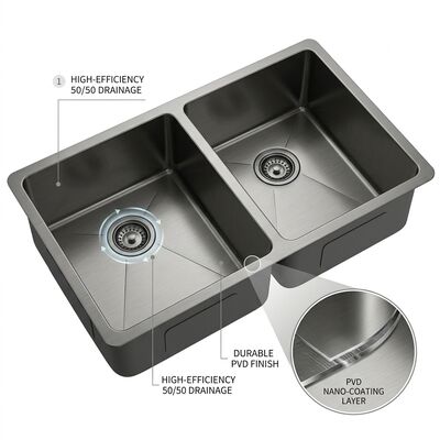 Harga bagus Wastafel Dapur Undermount Baja Tahan Karat PVD Gunmetal 304, Bak Ganda 50/50, Dilapisi Bantalan Karet Peredam Suara on line