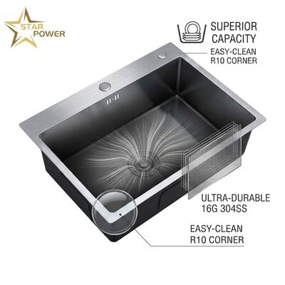 Harga bagus 16 Gauge 304 Stainless Steel Deep Single Bowl Kitchen Sink Drop-in 33x22 Inch 10 Inch Basin Brushed Finish on line